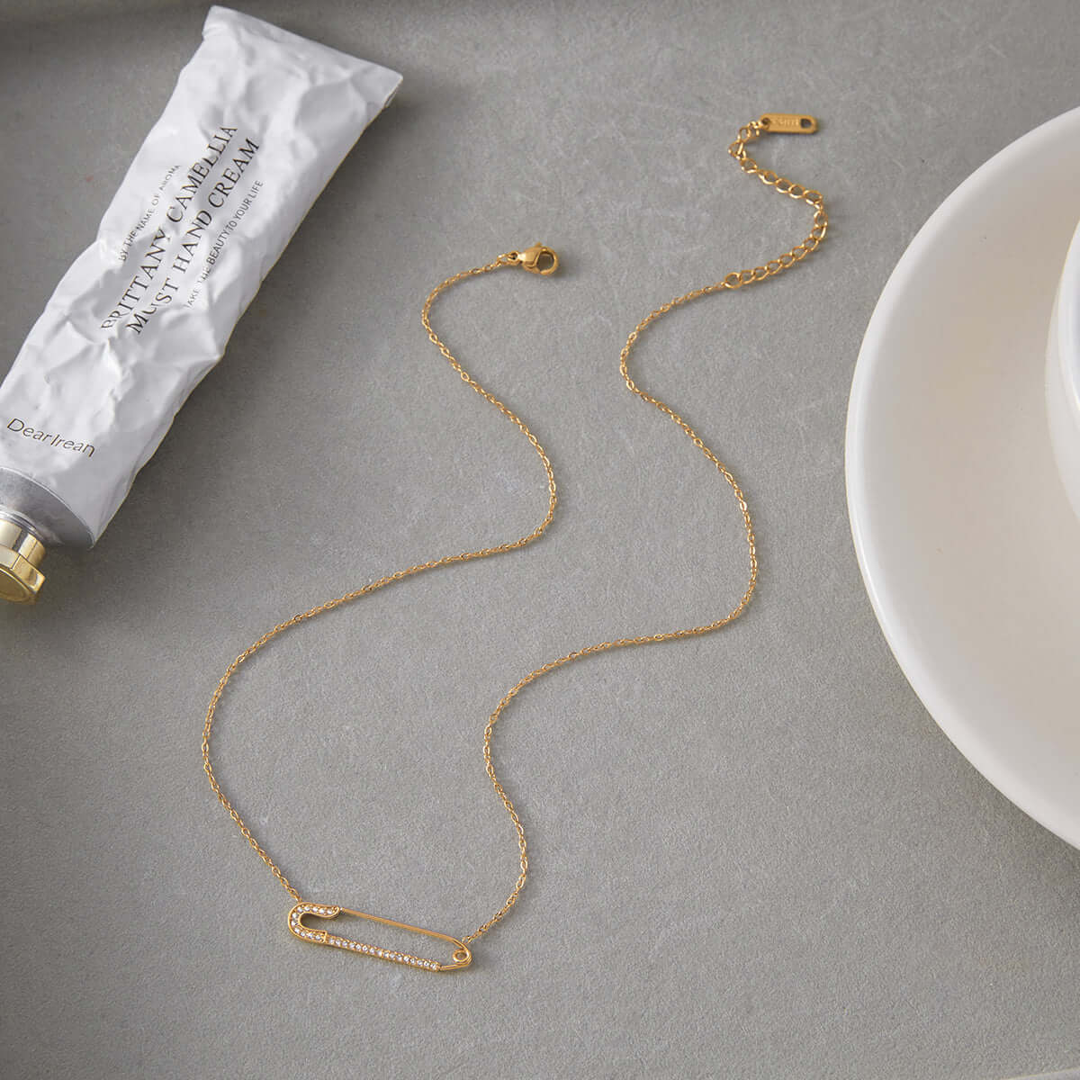 Safety Pin Necklace stones engraved