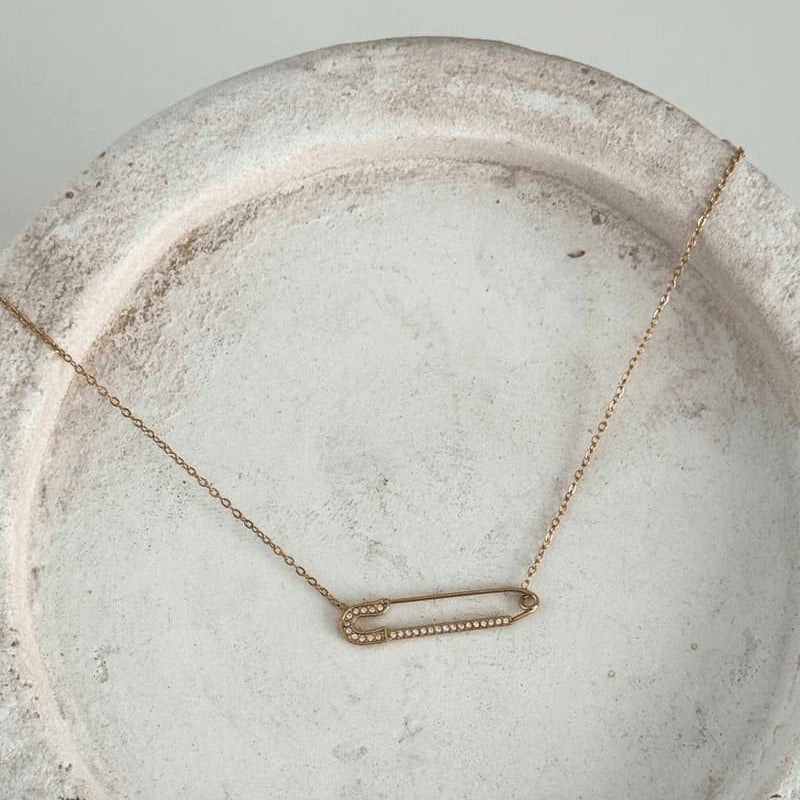 Safety Pin Necklace stones engraved